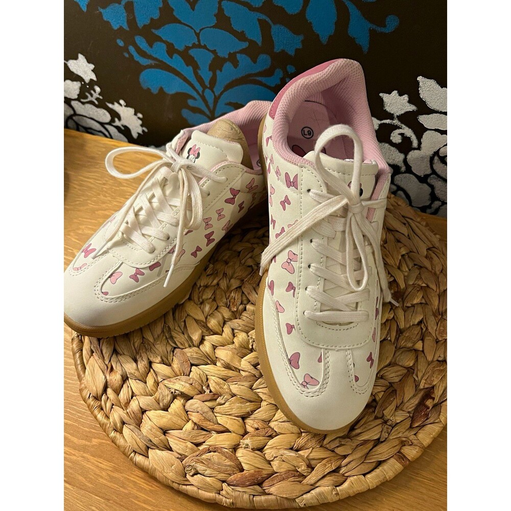 Disney Minnie Mouse Women’s 9 Sneakers Pink Bow Print White Gum Sole
